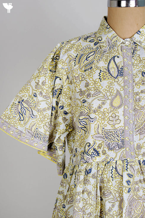 Cotton Cambric Baby Doll Dress in Yellow Hand Screen Print