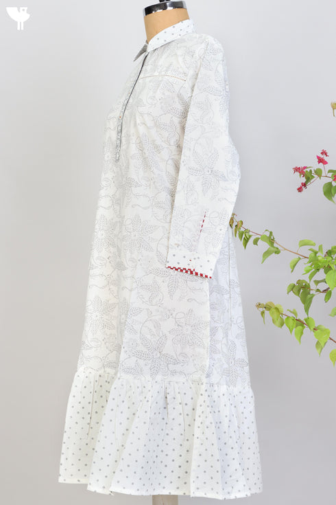 Cambric Cotton Mid Length Dress With Block Print