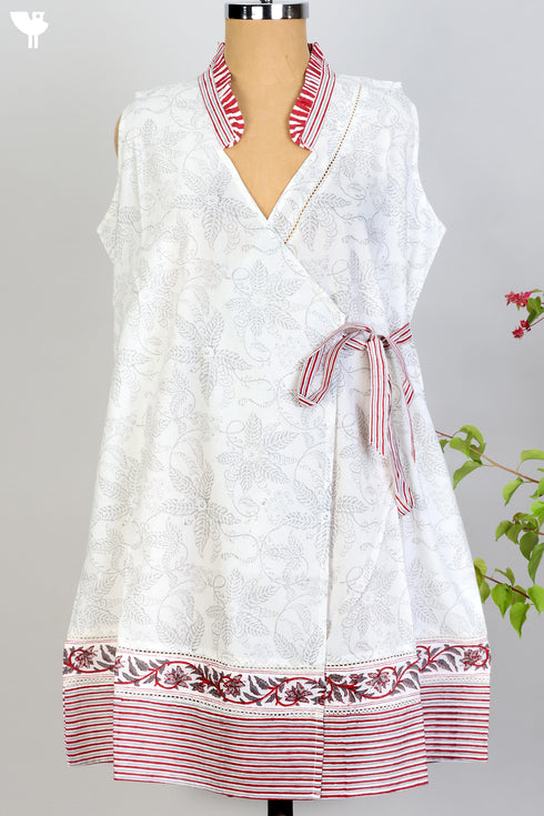 Cambric Cotton Wrap Sleeveless Dress With Block Print