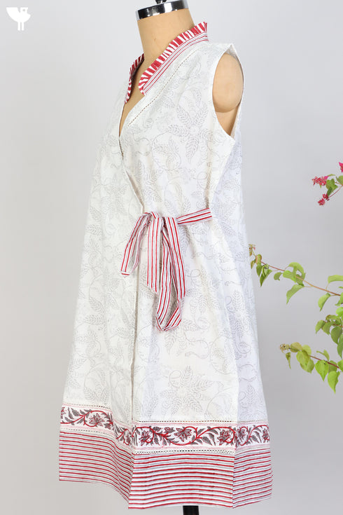Cambric Cotton Wrap Sleeveless Dress With Block Print