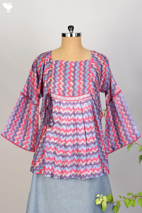 Modal Silk Pleated Top With Chevron Block Print