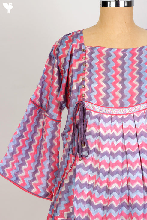 Modal Silk Pleated Top With Chevron Block Print