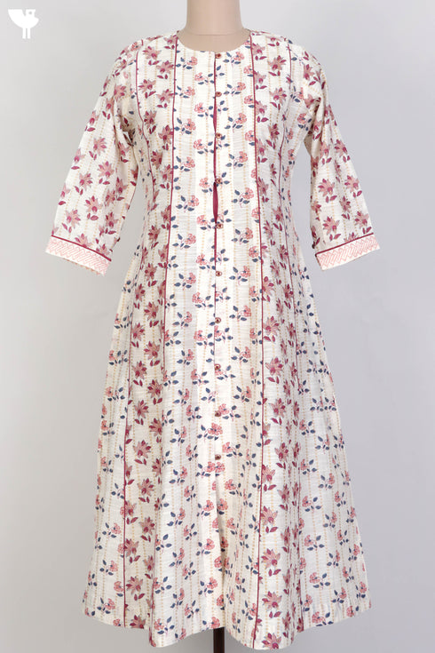Chanderi Silk Mid Length Paneled Dress With Block Print