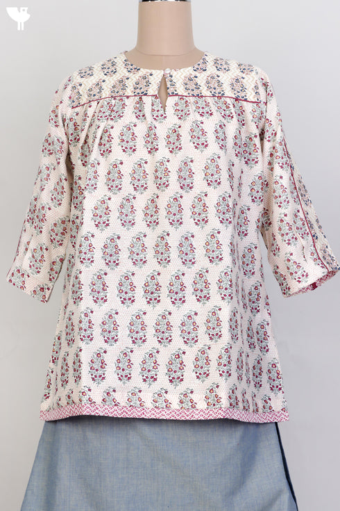 Chanderi Silk Top With Floral Block Print