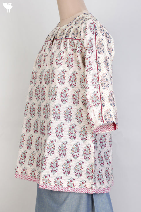 Chanderi Silk Top With Floral Block Print