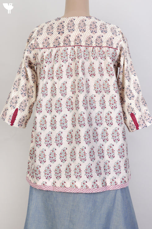 Chanderi Silk Top With Floral Block Print
