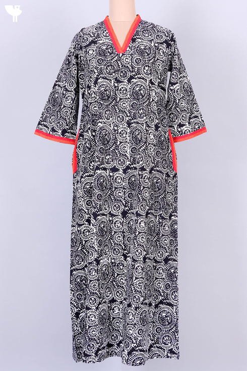 40s Cotton Kaftan in Black And Red Abstract Block Print