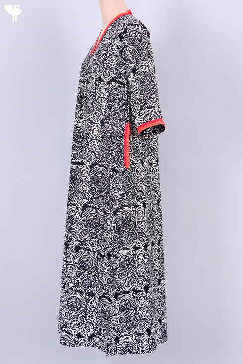 40s Cotton Kaftan in Black And Red Abstract Block Print