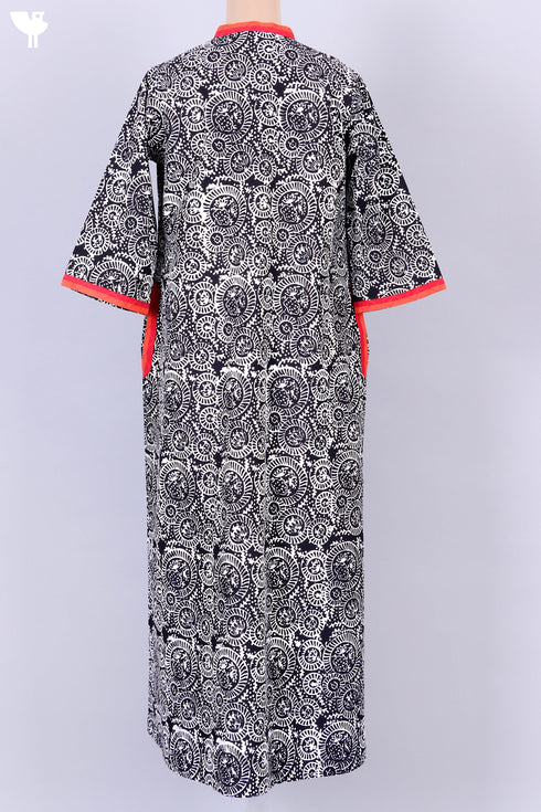 40s Cotton Kaftan in Black And Red Abstract Block Print