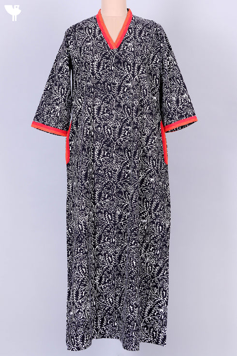 40s Cotton Kaftan in Black And Red Abstract Block Print