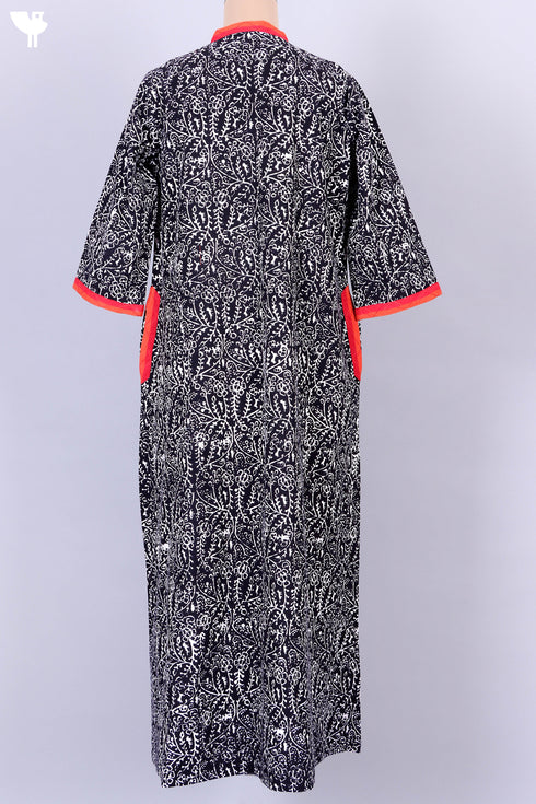 40s Cotton Kaftan in Black And Red Abstract Block Print