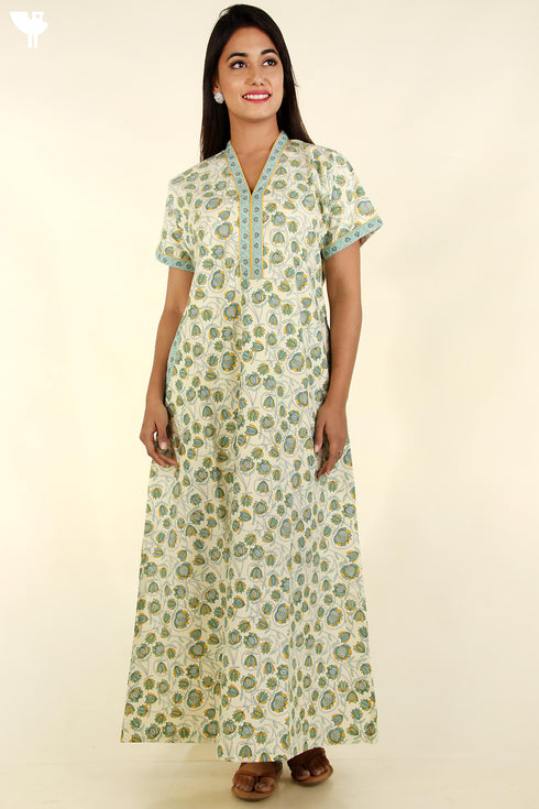 40s Cotton Kaftan In Emerald Green Floral Print