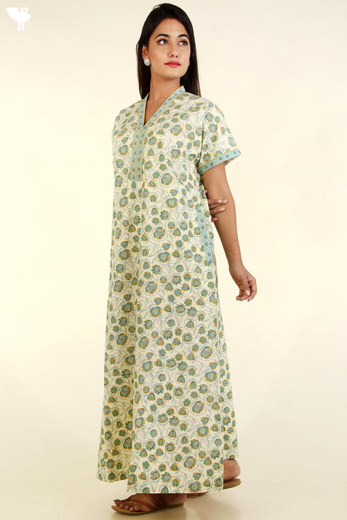 40s Cotton Kaftan In Emerald Green Floral Print