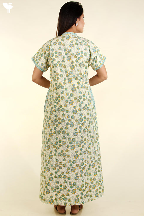 40s Cotton Kaftan In Emerald Green Floral Print