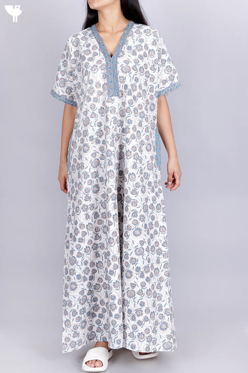 40s Cotton Kaftan In Indian Blue Floral Print