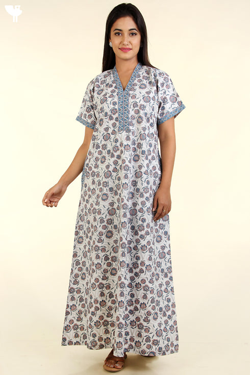 40s Cotton Kaftan In Indian Blue Floral Print