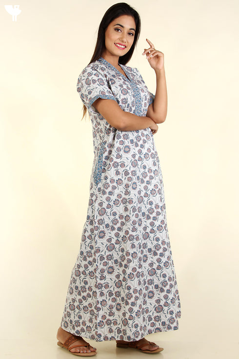 40s Cotton Kaftan In Indian Blue Floral Print