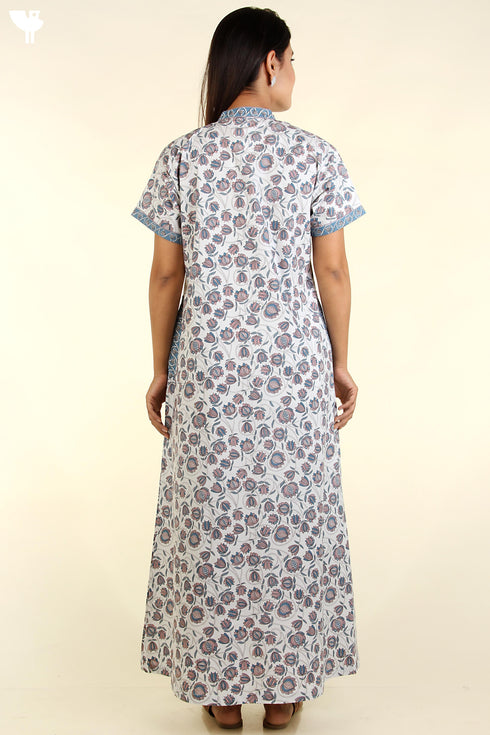 40s Cotton Kaftan In Indian Blue Floral Print