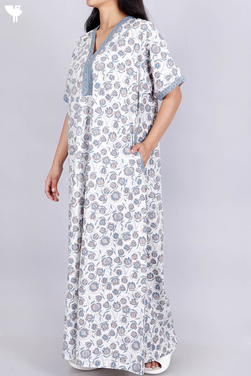 40s Cotton Kaftan In Indian Blue Floral Print