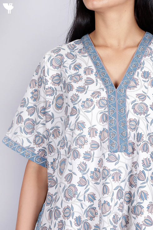 40s Cotton Kaftan In Indian Blue Floral Print