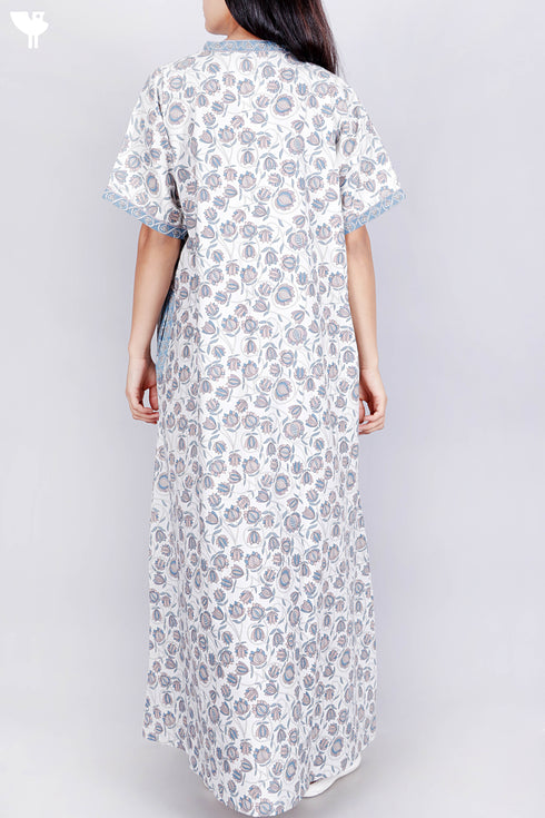 40s Cotton Kaftan In Indian Blue Floral Print