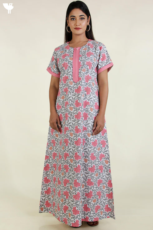 40s Cotton Kaftan In Floral Block Print