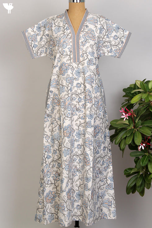 40s Cotton Kaftan in Cloud Grey & Peach Floral Hand Screen Print