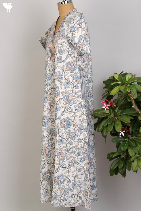 40s Cotton Kaftan in Cloud Grey & Peach Floral Hand Screen Print