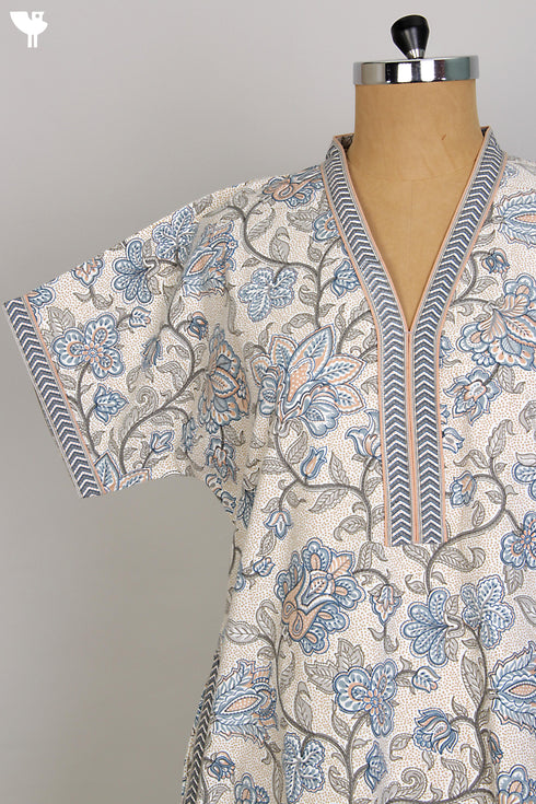 40s Cotton Kaftan in Cloud Grey & Peach Floral Hand Screen Print