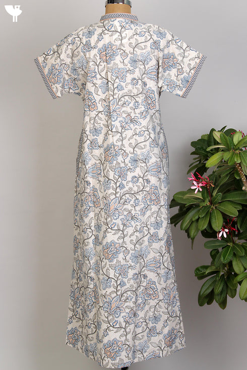 40s Cotton Kaftan in Cloud Grey & Peach Floral Hand Screen Print