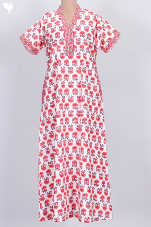 40s Cotton V- Neck Kaftan In FloralPrint