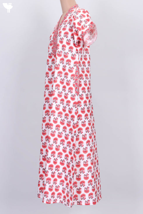 40s Cotton V- Neck Kaftan In FloralPrint