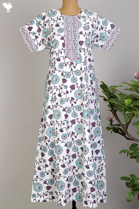 40s Cotton Kaftan in Mint Floral Hand Screen Print