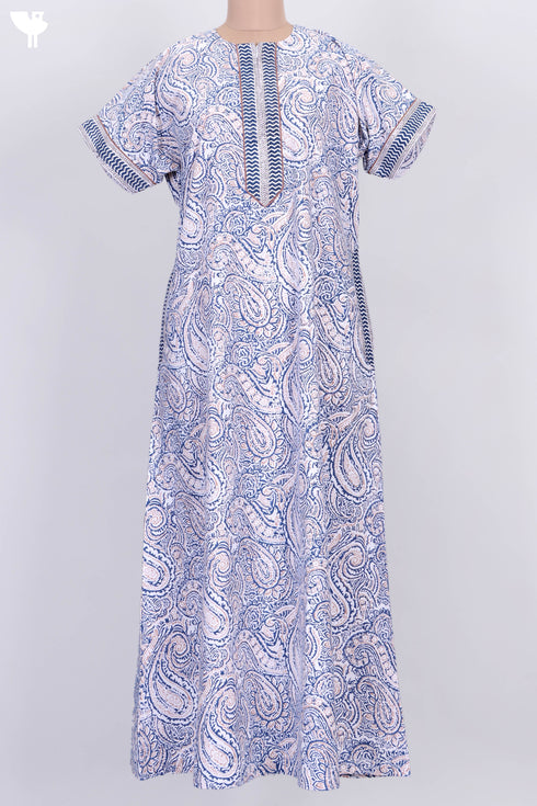 40s Cotton Zipper Front Kaftan In Abstract Paisley Block Print