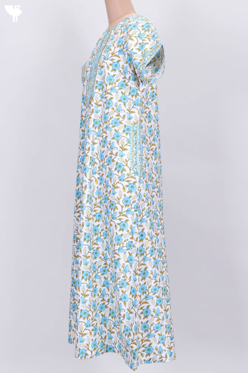 40s Cotton Zipper Kaftan In Floral Block Print
