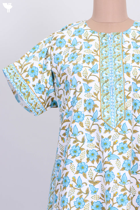 40s Cotton Zipper Kaftan In Floral Block Print
