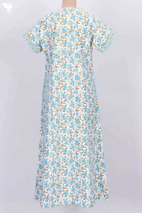40s Cotton Zipper Kaftan In Floral Block Print