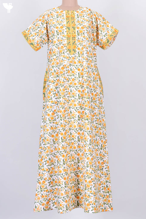 40s Cotton Zipper Kaftan In Floral Block Print