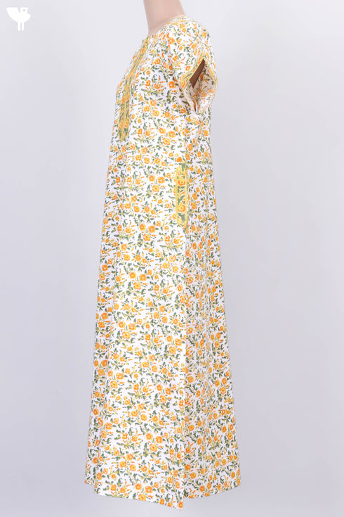 40s Cotton Zipper Kaftan In Floral Block Print