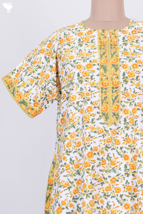 40s Cotton Zipper Kaftan In Floral Block Print