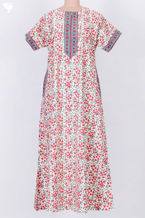 40s Cotton Zipper Kaftan In Floral Block Print