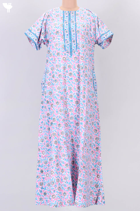 40s Cotton Zipper Front Kaftan In Floral Block Print