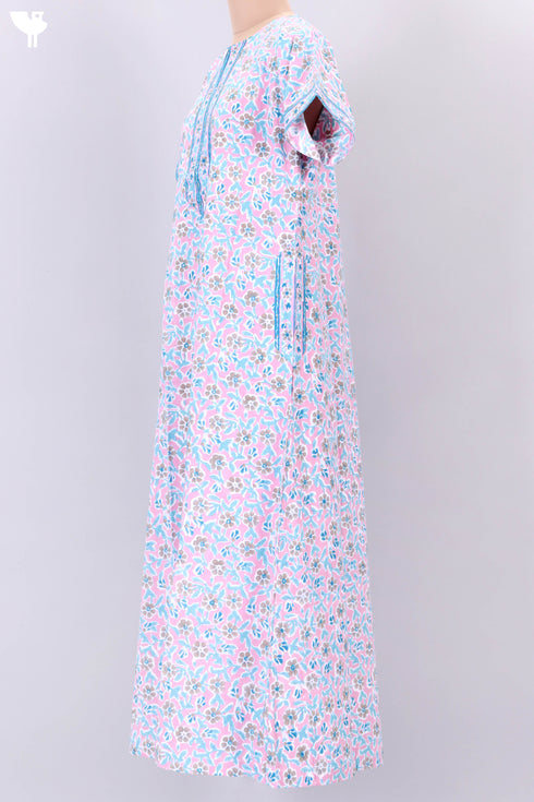 40s Cotton Zipper Front Kaftan In Floral Block Print