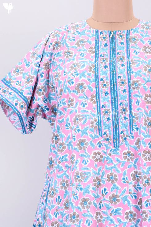 40s Cotton Zipper Front Kaftan In Floral Block Print