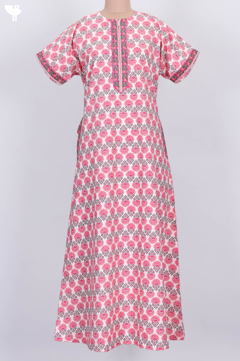 Cambric Cotton Zipper Front Kaftan In Floral Print