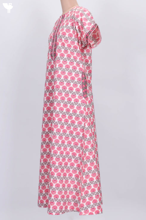 Cambric Cotton Zipper Front Kaftan In Floral Print