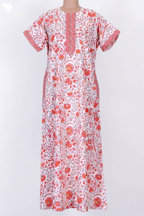 Cambric Cotton Zipper Front Kaftan In Floral Print