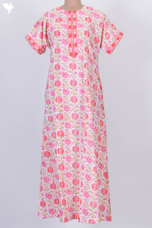 60s Cotton Zipper Kaftan In Floral Block Print