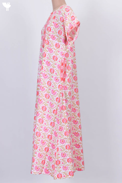 60s Cotton Zipper Kaftan In Floral Block Print
