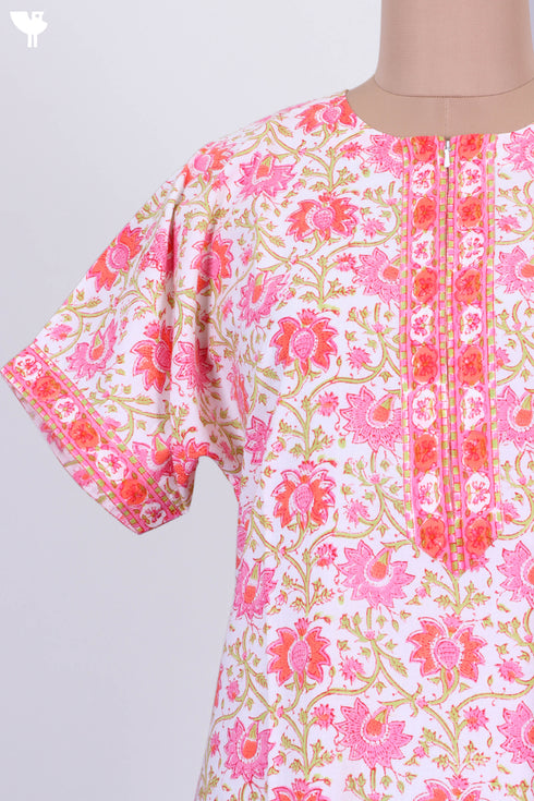 60s Cotton Zipper Kaftan In Floral Block Print